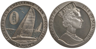 Остров Мэн 1 крона 1991 Американская регата на Кубок Америки в Сан-Диего 1992 года, редкая (без цифр XXVIII перед AMERICA'S CUP, дата 1991) KM 320 медно-никель UNC 00-815-31