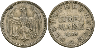 Германия 3 марки 1924 G, Веймарская Республика Weege 19, J. 312, KM 43 серебро 11-256-42