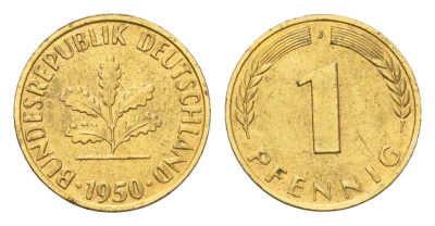 ФРГ 1 пфенниг 1950 J KM 105, J. 380 сталь плакированная золотом 4685-666