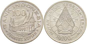 Индонезия 100 рупий 1978 хижина Минангкабау, легендарное дерево жизни KM 42 медно-никель UNC 4545-1032