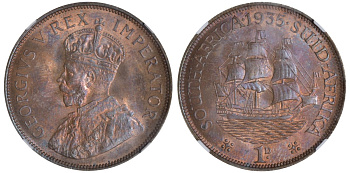 ЮАР 1 пенни 1935 Георг V (1910-1936), в в слабе NGC, грейд MS64 RB KM 14.3 медь UNC 15-004-01