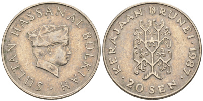 Бруней 20 сен 1987 султан Хассанал Болкиах KM 17 медно-никель    4595-823