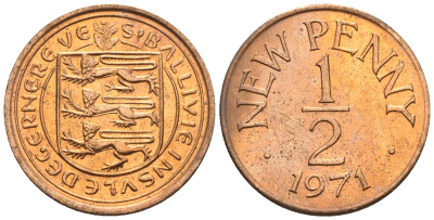 Гернси 1/2 пенни 1971 Елизавета II (1952-2022), герб KM 20 бронза  UNC  220-1212