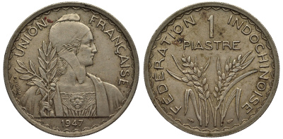Французский Индокитай 1 пиастр 1947 а KM 32.2 медно-никель 4044-631