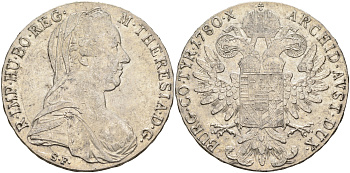 Австрия 1 талер 1780 SF, Мария Терезия, официальный рестрайк KM Т1 серебро 00-1067-3-13