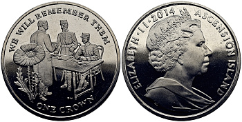 Остров Вознесения 1 крона 2014 в память героев первой мировой войны, допрос KM NEW медно-никель UNC 4386-724