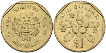 Сингапур 1 доллар 1988 барвинок KM 54b алюминиевая бронза 4116-415