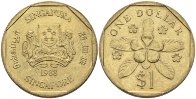 Сингапур 1 доллар 1988 барвинок KM 54b алюминиевая бронза 4116-415