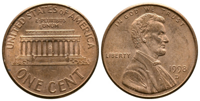 США 1 ЦЕНТ 1998 D, ЛИНКОЛЬН KM 201b цинк плакированный медью 72-1029