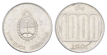 Аргентина 1000 аустралей 1991 KM 105 алюминий 4662-747