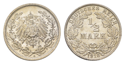 Германия 1/2 марки 1916 A, Вильгельм II (1888-1918) KM 17, J. 16 серебро UNC 4625-1039