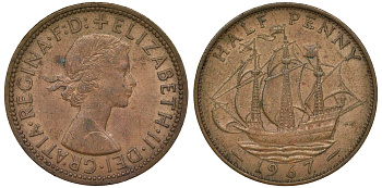 Великобритания 1/2 пенни 1967 Елизавета II (1952-2022) KM 896, Spink 4158 бронза 4681-756