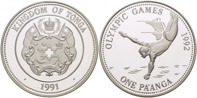 Тонга 1 паанга 1991 XXV летние Олимпийские игры в Барселоне 1992 года, прыжки с трамплина в воду KM 140 PROOF 11-101-23