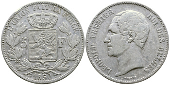Бельгия 5 франков 1850 Леопольд I (1831-1865), точка над датой KM 17 серебро 74-1124