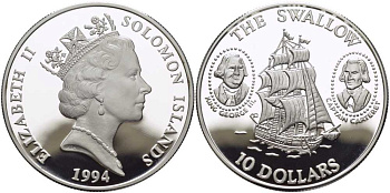 Соломоновы острова 10 долларов 1994 парусник, HMS Swallow, Филипп Картерет, король Георг III KM 52 серебро PROOF 00-00