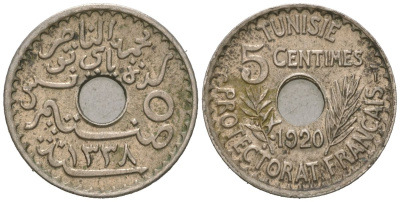 Тунис 5 сантимов 1920 A KM 242 никель латунь     aUNC 4615-535