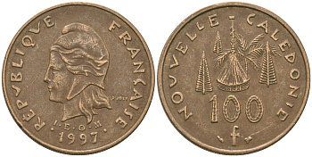 Французская Новая Каледония 100 франков 1997 хижина среди сосен и пальм, (IEOM) KM 15, Schoen 16, Lec 139a никель бронза 4680-1016