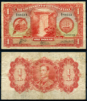 Британская Гвиана 1 доллар 1942 1 января 1942, тукан, водопад Кайтур, Георг VI (1937-1952) Pick 12 c  бумага 00-00