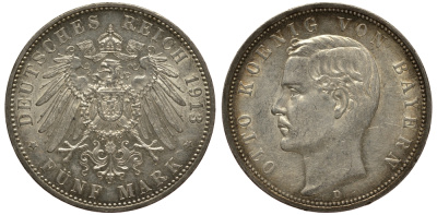 Бавария 5 марок 1913 D, Отто (1886-1913) Weege 47, J. 46, KM 512 серебро 3711-1544