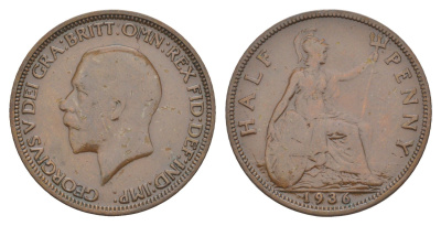 Великобритания 1/2 пенни 1936 Георг V (1910-1936) KM 837, Spink 4058 бронза 4638-454