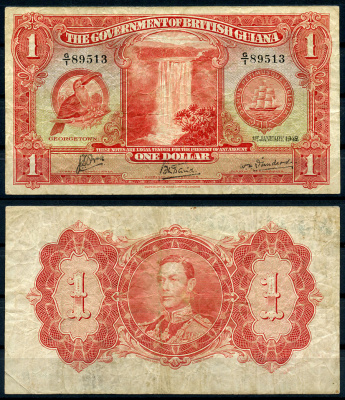 Британская Гвиана 1 доллар 1942 1 января 1942, тукан, водопад Кайтур, Георг VI (1937-1952) Pick 12 c  бумага 00-00