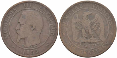 Франция 10 сантимов 1855 W, Наполеон III (1852-1870) KM 771.7, Le Franc 133.30 бронза    4680-515