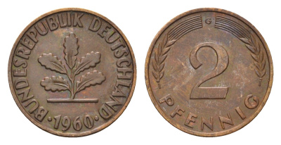 ФРГ 2 пфеннига 1960 G KM 106, J. 381 бронза 4682-1058