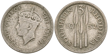 Британская Южная Родезия 3 пенса 1952 Георг VI (1936-1952) KM 20 медно-никель 4174-329