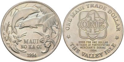 Остров Мауи (Гавайские острова) 1 доллар 1994 торговый доллар, Дельфины медно-никель UNC 4558-135