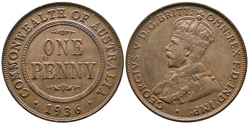 Австралия 1 пенни 1936 Георг V (1910-1936) KM 23 бронза 4683-912