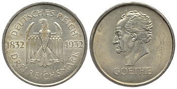 Германия 3 марки 1932 A, 100 лет со дня смерти Иоганна Вольфганга фон Гёте J. 350, KM 76 серебро 00-812-08