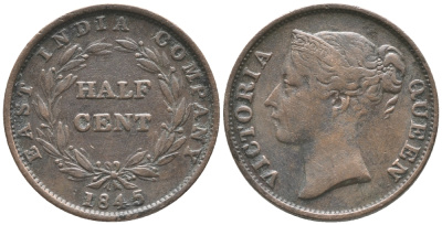 Стрейтс-Сетлментс 1/2 цента 1845 Ост-Индская компания KM 2 медь 34-131