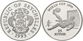 Сейшельские острова 25 рупий 1993 чемпионат мира по футболу в США 1994 года, тираж 15000 экз. KM 67 серебро PROOF 1078-3-63