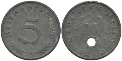 Германия 5 рейхспфеннигов 1940 А, монетный двор Берлин KM 100, J. 370 цинк 186-636