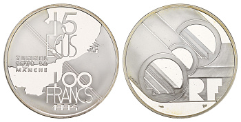Франция 100 франков = 15 ЭКЮ 1994 Тоннель под Ла-Маншем KM 1060 серебро PROOF 11-083-45