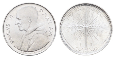 Ватикан 1 лира 1968 MCMLXVIII, год-тип KM 100 алюминий UNC 4701-467