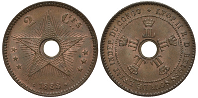 БЕЛЬГИЙСКОЕ КОНГО 2 САНТИМА 1888 LW KM 2 медь 5010-112