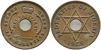 Нигерия 1/2 пенни 1959 Елизавета II (1952-), Британский протекторат KM 1 бронза 4387-222