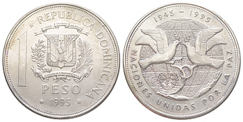 Доминиканская Республика (Доминикана) 1 песо 1995 50 лет ООН KM 87 медно-никель BU 650-1223