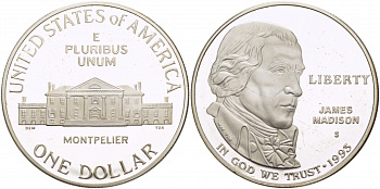 США 1 доллар 1993 S, Джеймс Мэдисон, Билль о правах KM 241 серебро PROOF 1068-1-34