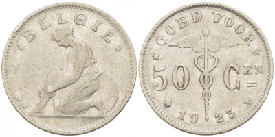 БЕЛЬГИЯ 50 САНТИМОВ 1923 BELGIE KM 88 никель 261-1652