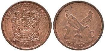 ЮАР 2 цента 1999 легенда на венда, орел с рыбой KM 159 сталь плакированная медью 4164-558