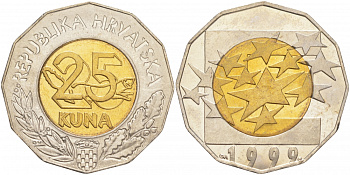 Хорватия 25 кун 1999 Европейский союз, звезды KM 64 биметалл UNC M42-21