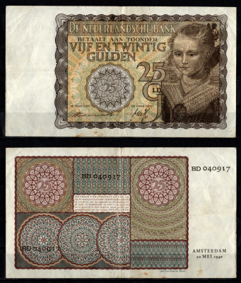 Нидерланды 25 гульденов 1940 Pick 57 бумага 451-1303-1