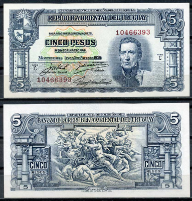 Уругвай 5 песо 1939 Хосе Хервасио Артигас, конкистадор, сражающийся с индейцами, серия С Pick 36 b (3)  бумага  UNC (пресс) 7217-73-1-1
