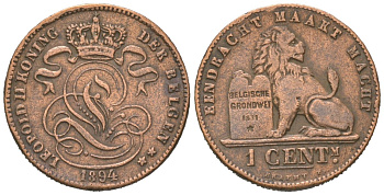 Бельгия 1 сантим 1894 Леопольд II (1865-1909) KM 34 медь 4615-321