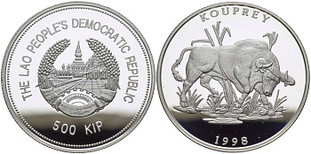 Лаос 500 кипов 1998 дикий бык купрей KM 69 серебро PROOF 1076-10-74
