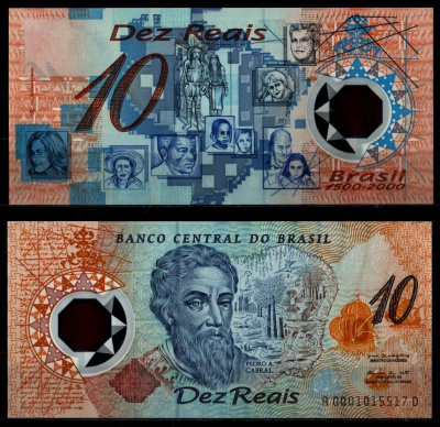 Бразилия 10 реалов ND (2000) Педру Кабрал, этнические группы Бразилии, серия AD Pick 248 a полимер UNC (пресс) 451-1194-1
