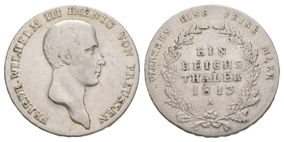 Пруссия 1 рейхсталер 1813 A, Фридрих Вильгельм III (1797-1840) KM 387, Daveenport 756, AKS 11 серебро 1517-944