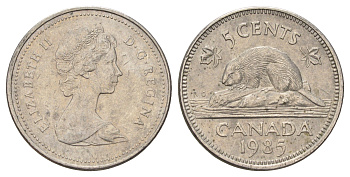Канада 5 центов 1985 Елизавета II (1952-2022), бобр KM 60.2a медно-никель 4689-426